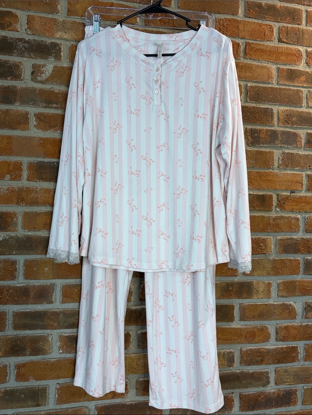 Flora Nikrooz Pink Bow Stripe Lace Trim Pajama Set Large